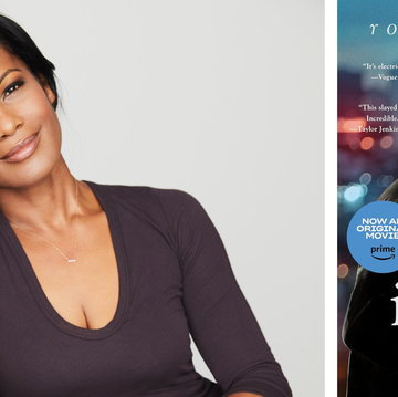 robinne lee smiles at the camera next to an image of the book cover of the idea of you