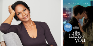 robinne lee smiles at the camera next to an image of the book cover of the idea of you
