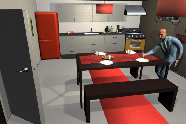 Furniture, Room, Red, Table, Interior design, Desk, Kitchen, Dining room, Chair, Material property, 
