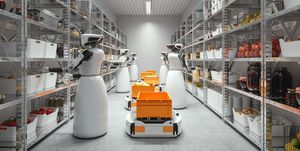 robots working in the supermarket as attendants for checking the stocks and labels of the goods and preparing customers online orders
