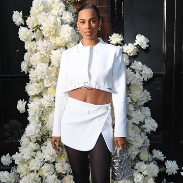 rochelle humes attends the vogue netflix party wearing a white coperni crop jacket and mini skirt
