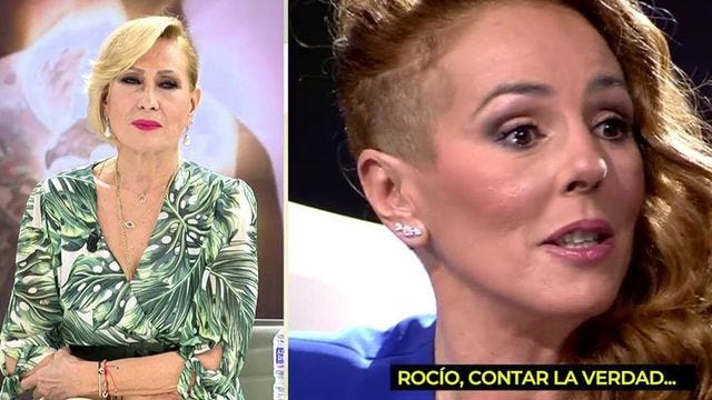 doble imagen de rocio carrasco y rosa benito hablando en televisión