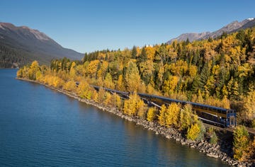 rocky mountaineer goldleaf 1 train going past moose lake