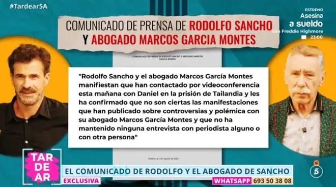 Comunicado de Rodolfo Sancho y su abogado García Montepara desmentir lo que  se dice de Daniel Sancho