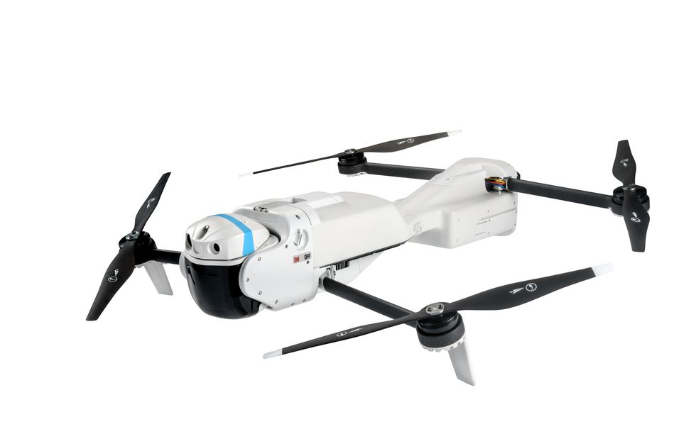 a drone with a blue and white stripe