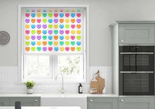 blinds in kitchen with candy themed hearts