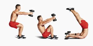 man doing a rolling squat with dumbbells weights