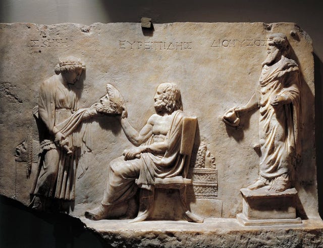 marble relief portraying euripides receiving tragic mask as sign of acknowledgment, from smyrna, turkey