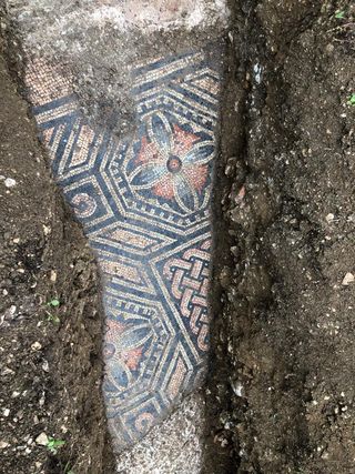 patterned mosaic flooring unearthed beneath a vineyard in italy