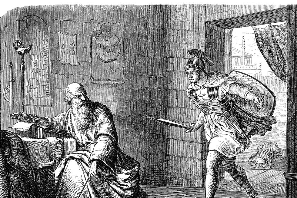 drawing of roman soldier confronting mathematician archimedes