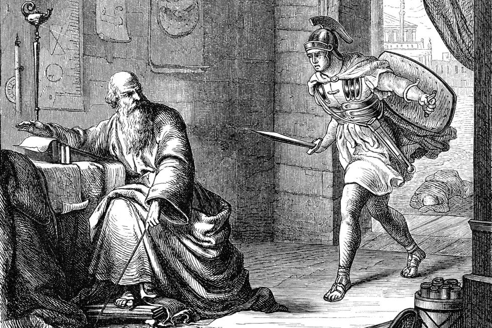 drawing of roman soldier confronting mathematician archimedes