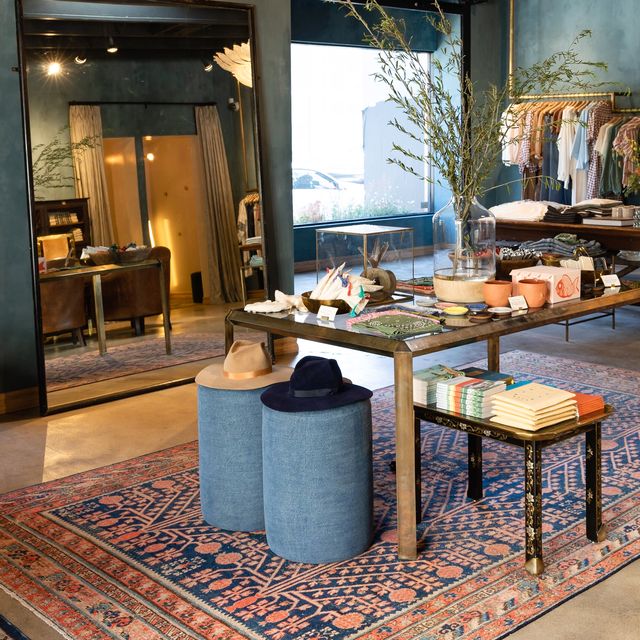 store interior with tables and rugs and hats