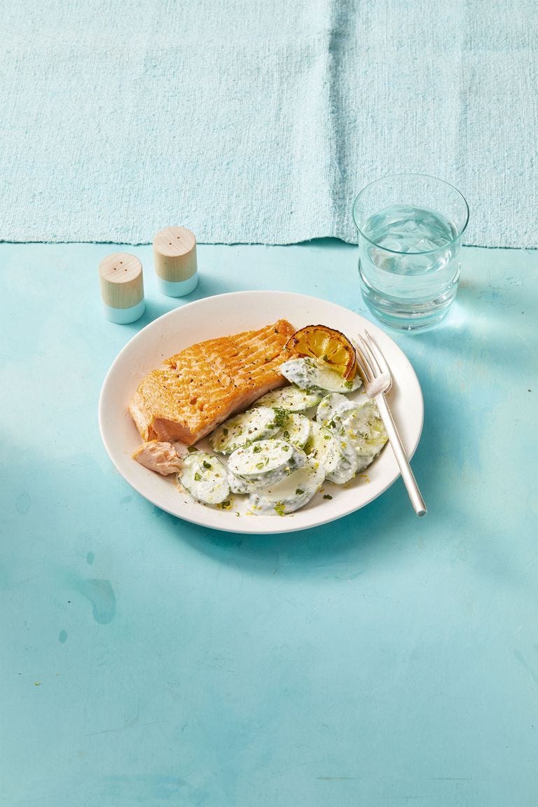 romantic dinner salmon with creamy feta cucumbers