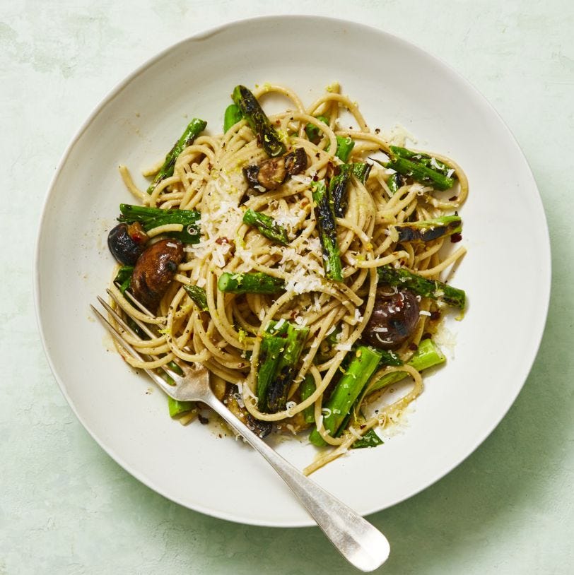 romantic dinner whole wheat spaghetti with grilled asparagus and scallions