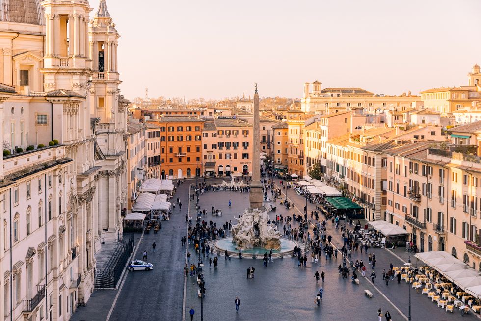 rome skyline and piazza navona at sunset seen from above, lazio, italy