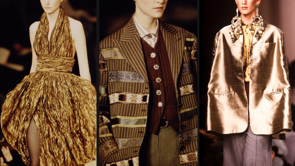 fashion designs showcasing a golden gown a patterned suit and an oversized metallic jacket