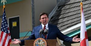 daytona beach shores, florida, united states 20230118 florida gov ron desantis speaks at a press conference to announce the award of $100 million for beach recovery following hurricanes ian and nicole in daytona beach shores in florida the funding will support beach projects within 16 coastal counties, with hard hit volusia county receiving the largest grant, over $37 million photo by paul hennessysopa imageslightrocket via getty images