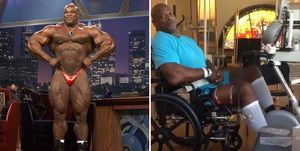 ronny coleman en su época de fisioculturista derecha y en su recuperación en silla de ruedas