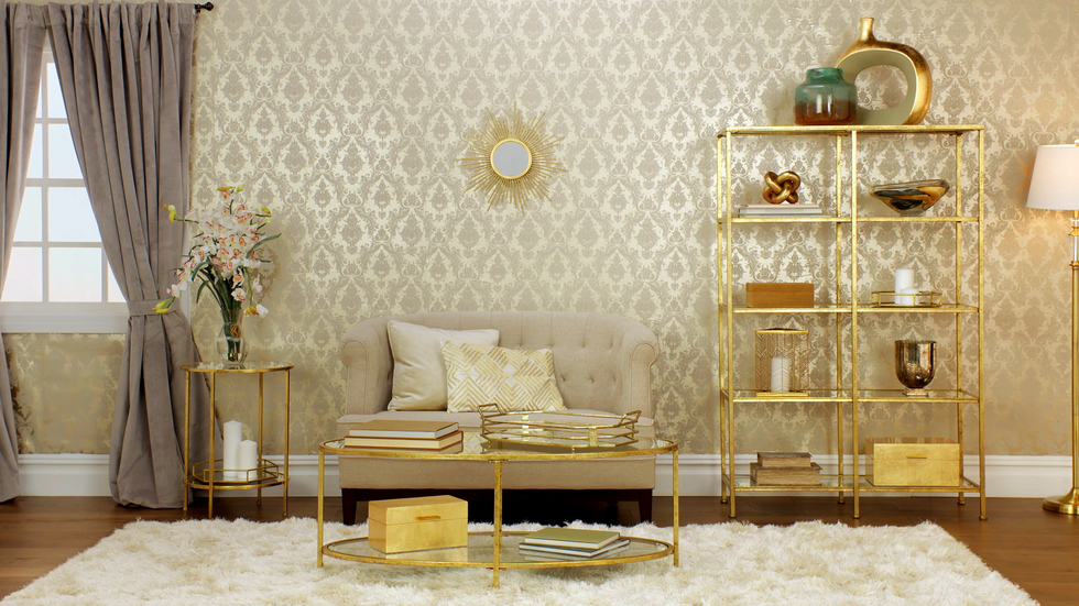 Furniture, Room, Yellow, Interior design, Wallpaper, Wall, Shelf, Living room, Table, Floor, 