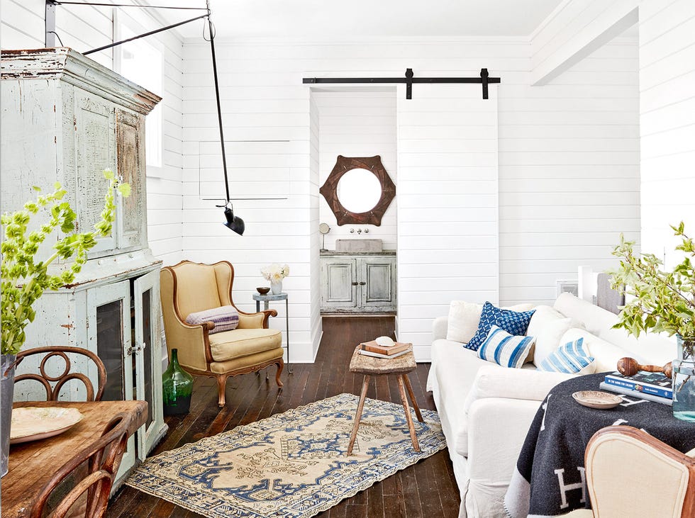 white shiplap wrapped living room