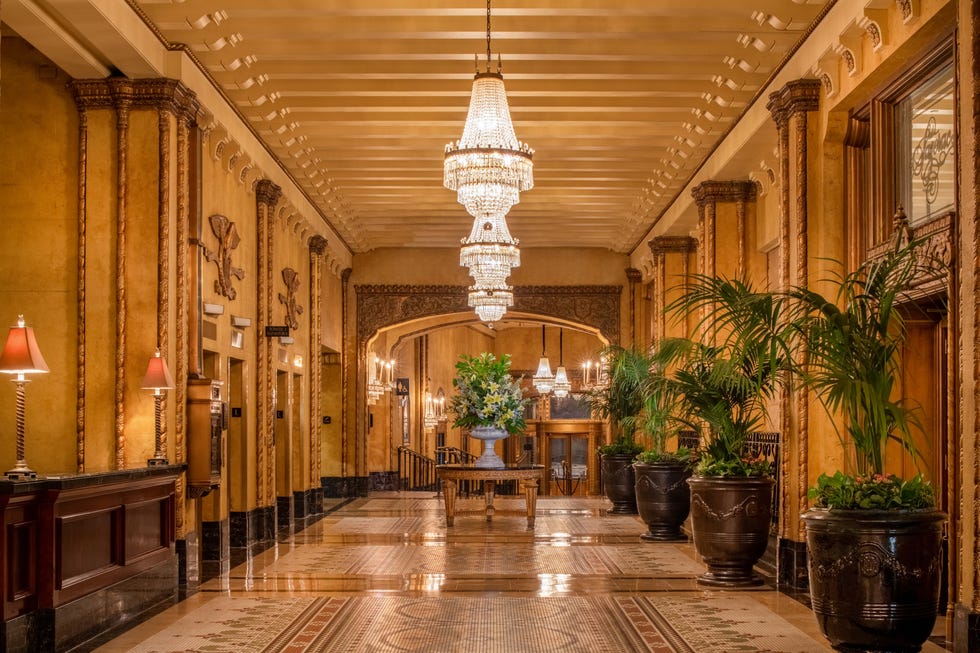 a large room with a chandelier and plants