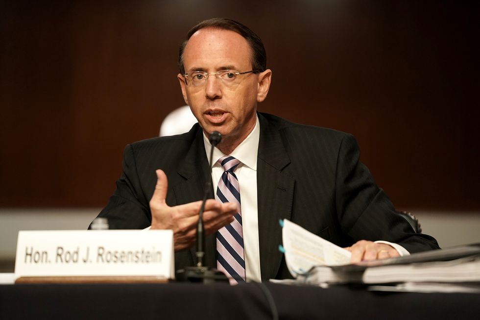 former deputy attorney general rod rosenstein testifies during a republican led senate judiciary committee hearing on  crossfire hurricane, the fbis probe into russian election interference and the 2016 trump campaign in the dirksen senate office building in washington, dc,on june 3, 2020 photo by greg nash  pool  afp photo by greg nashpoolafp via getty images