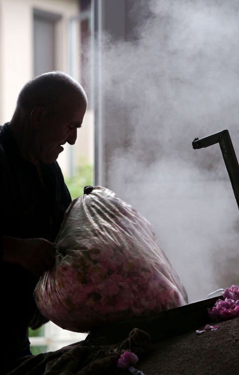 In de destilleerderij Lema in Kazanlak kiept Marin Stojanov een zak rozen in een grote ketel