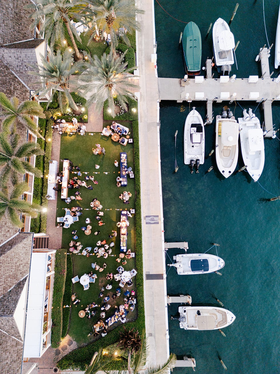 outdoor gathering near a marina with boats and palm trees