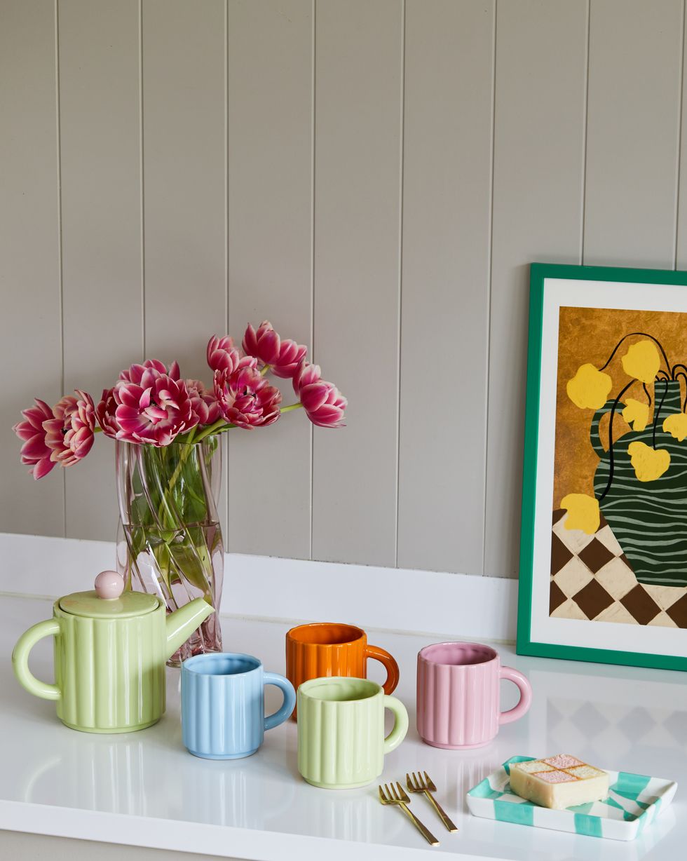 rose grey ribbed pastel mugs teapot kitchen counter wes anderson style interior design