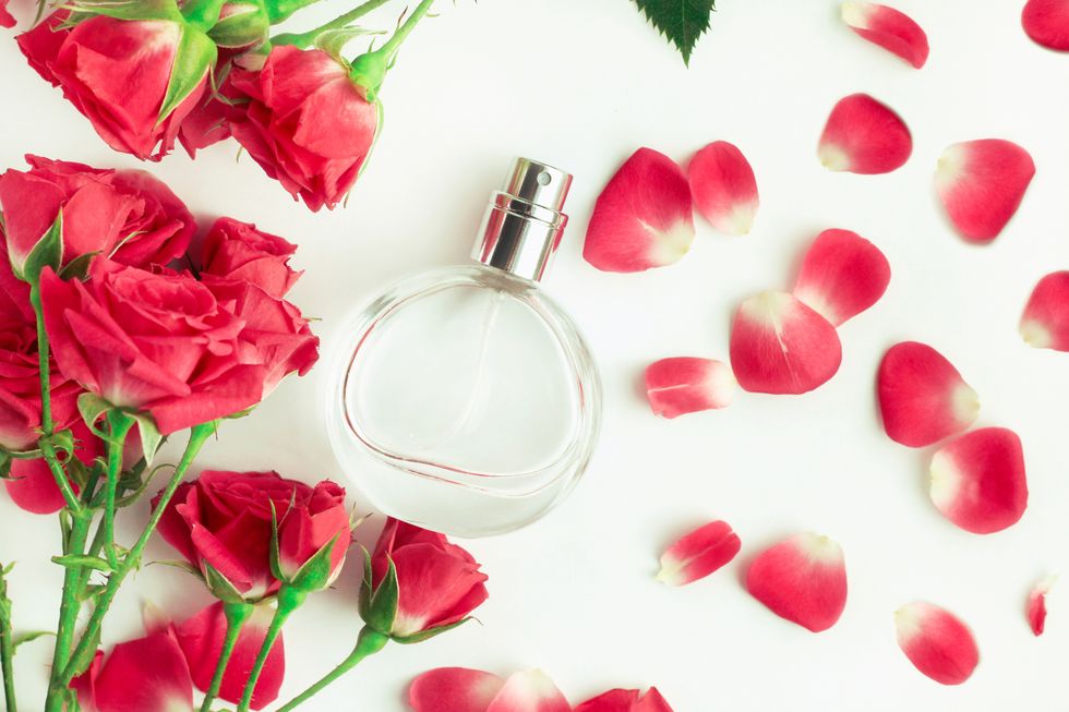 Rose perfume bottle top viewed framed with fresh pink flower petals