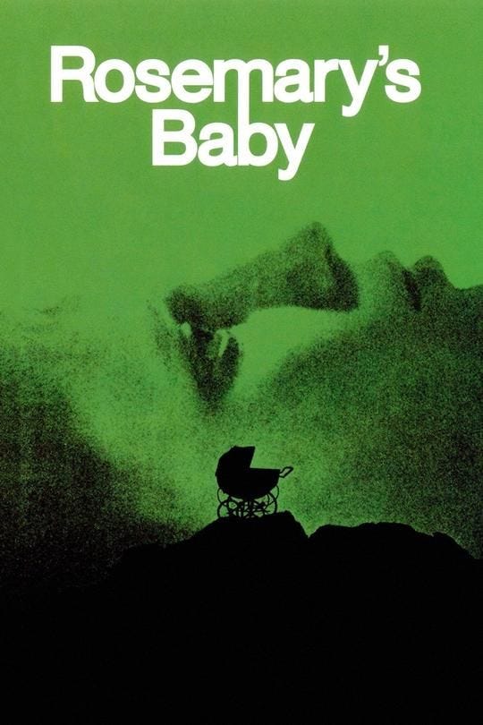 a baby carriage sits on top of an ominous craggy surface with a green glow and the face of roesmary behind it in the poster for rosemary's baby a good housekeeping pick for best halloween movies