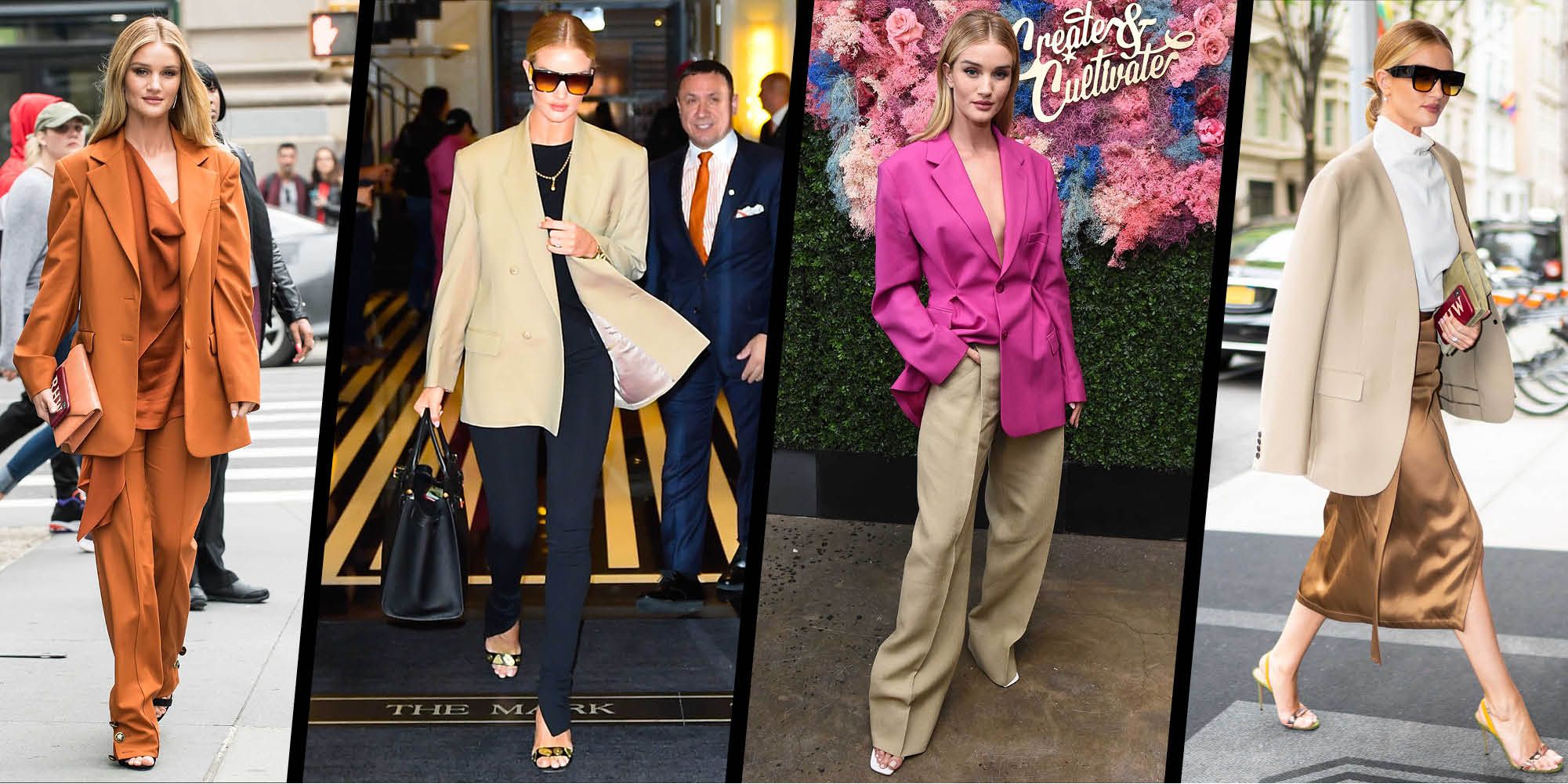 Rosie Huntington-Whiteley in mauve suit with white leather bag in