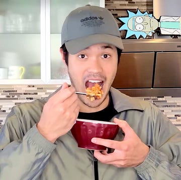 ross butler eats pasta in his kitchen