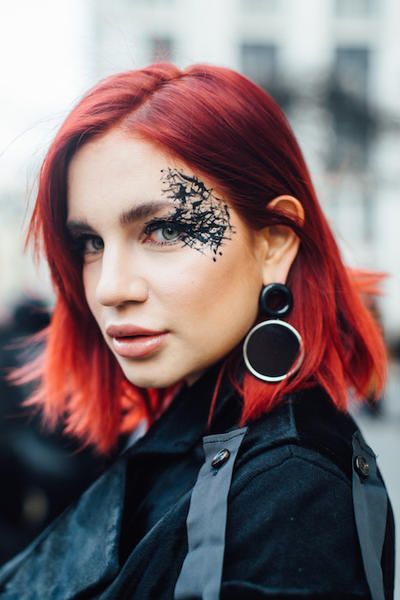 Hair, Face, Hairstyle, Red, Red hair, Street fashion, Eyebrow, Hair coloring, Beauty, Lip, 