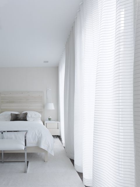 White, Room, Furniture, Interior design, Property, Bedroom, Floor, Wall, Bed, Window covering, 