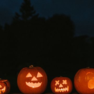 a row of various sized carved hallowe'en pumpkins with different facial expressions glowing in the dark space for copy