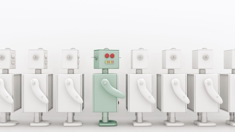 row of white robots with a coloured one in between, 3d rendering