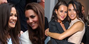 two images side by side one of kate and pippa middleton and another of meghan marke hugging jessica mulroney