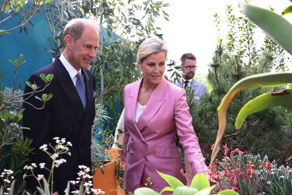 london, england   may 23 prince edward, earl of wessex and sophie, countess of wessex are given a tour of the chelsea flower show 2022 at the royal hospital chelsea on may 23, 2022 in london, england the chelsea flower show returns to its usual place in the horticultural calendar after being cancelled in 2020 and postponed in 2021 due to the covid pandemic this year sees the show celebrate the queens platinum jubilee and also a theme of calm and mindfulness running through the garden designs photo by dan kitwoodgetty images