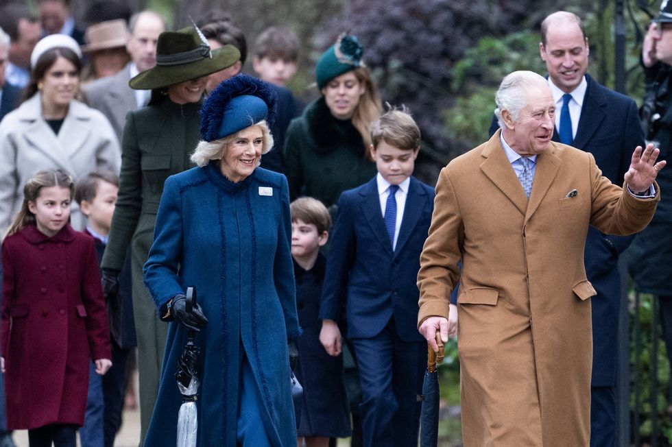 sandringham, norfolk december 25 princess charlotte, catherine, princess of wales, camilla, queen consort, prince louis, prince george, king charles iii and prince william, prince of wales attend the christmas day service at sandringham church on december 25, 2022 in sandringham, norfolk king charles iii ascended to the throne on september 8, 2022, with his coronation set for may 6, 2023 photo by samir husseinwireimage