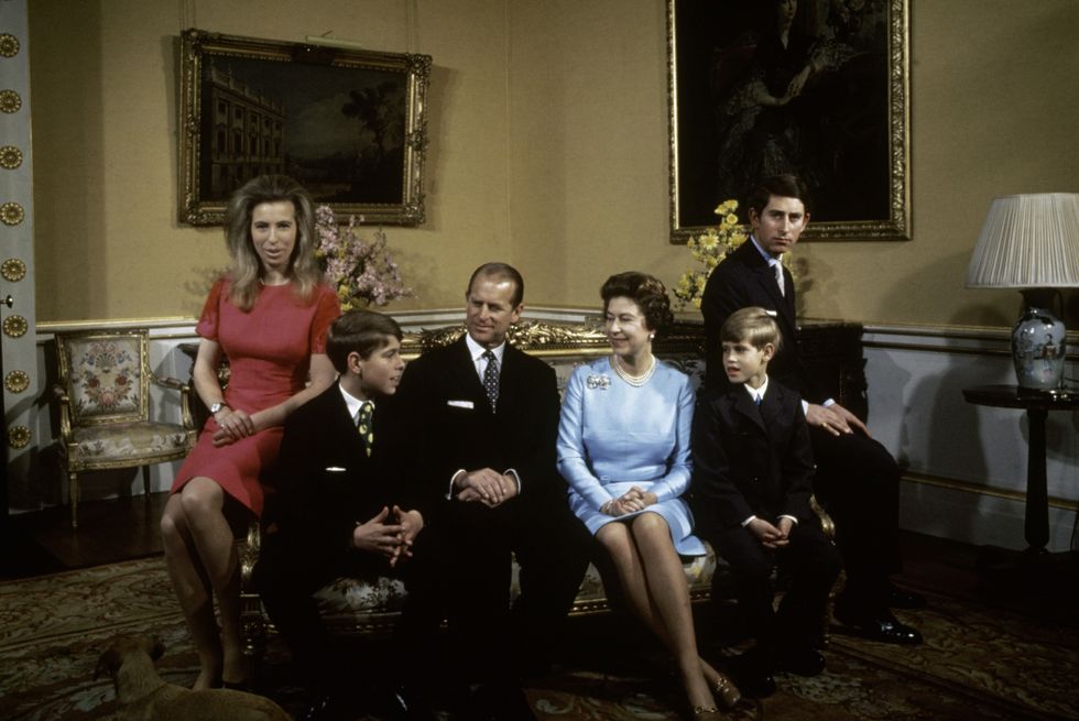 Princess Anne, Prince Andrew, Prince Philip, Queen Elizabeth II, Prince Edward, and Prince Charles 