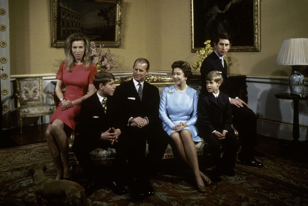 Princess Anne, Prince Andrew, Prince Philip, Queen Elizabeth II, Prince Edward, and Prince Charles 