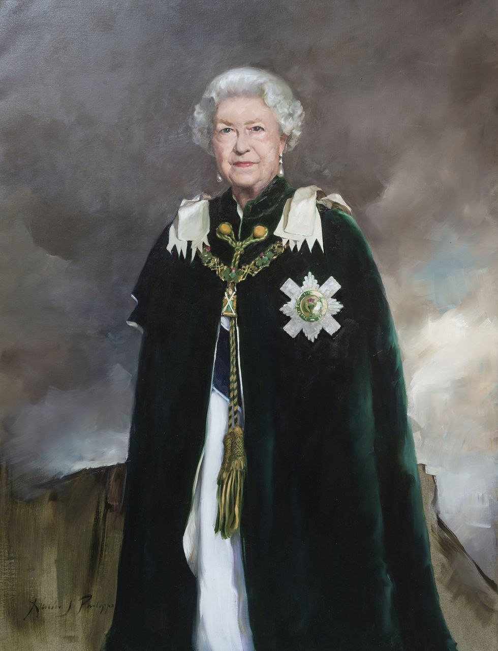 The Queen painted in official Order of the Thistle garb by Nicky Philipps. Currently on display at the Palace of Holyrood in Edinburgh, Scotland. 