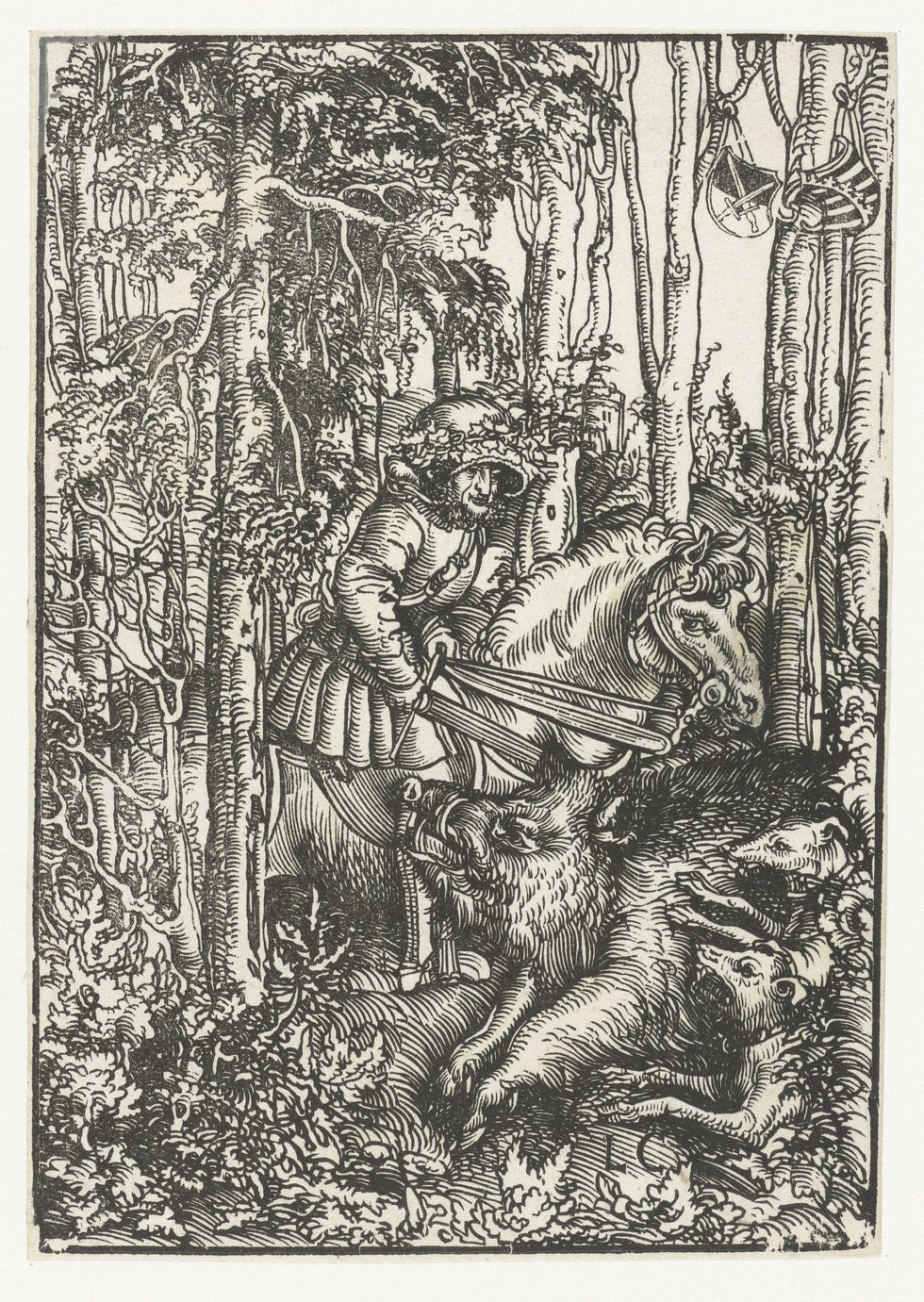 Man te paard jaagt op wild zwijn Lucas Cranach 150553