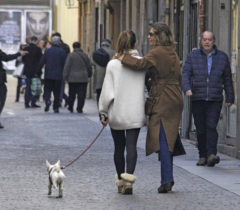 Dog walking, Leash, Dog, Canidae, Standing, Walking, Jeans, Companion dog, Dog breed, Fashion accessory, 