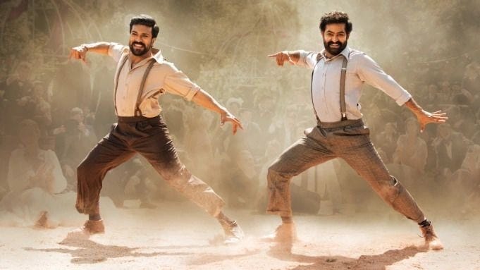 ram charan and ﻿ n t rama rao jr, also known as tarak, dance to naatu naatu﻿ in the telugu film rrr