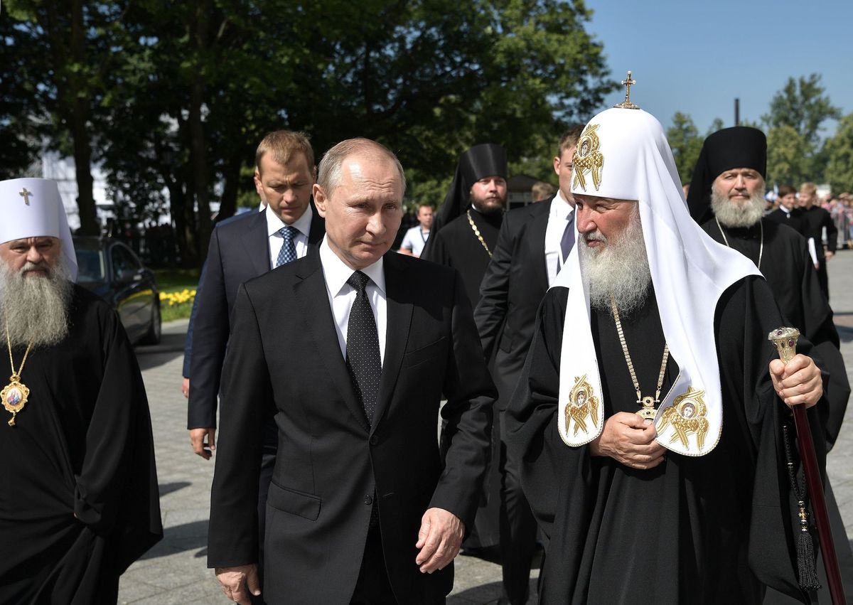 russian president vladimir putin l and russian patriarch kirill of moscow visit a marine church during navy day in saint petersburg on july 30, 2017president vladimir putin oversaw a pomp filled display of russia's naval might as the kremlin paraded its sea power from the baltic sea to the shores of syria some 50 warships and submarines were on show along the neva river and in the gulf of finland off the country's second city of saint petersburg after putin ordered the navy to hold its first ever parade on such a grand scale   afp photo  sputnik  alexey nikolsky        photo credit should read alexey nikolskyafp via getty images