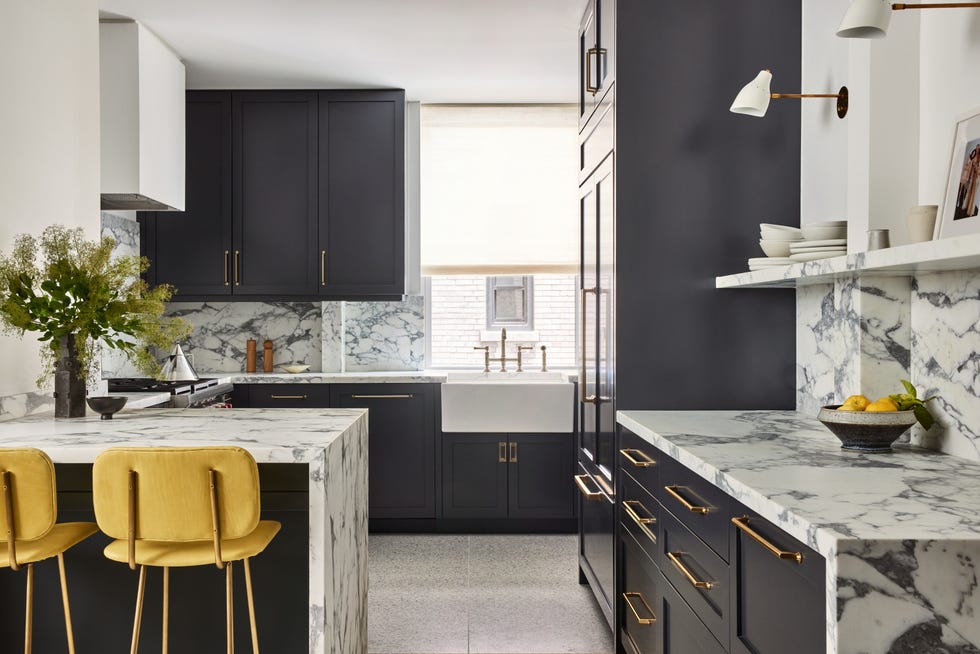 Shiny Gold Tiles with Black Kitchen Cabinetry - Contemporary - Kitchen