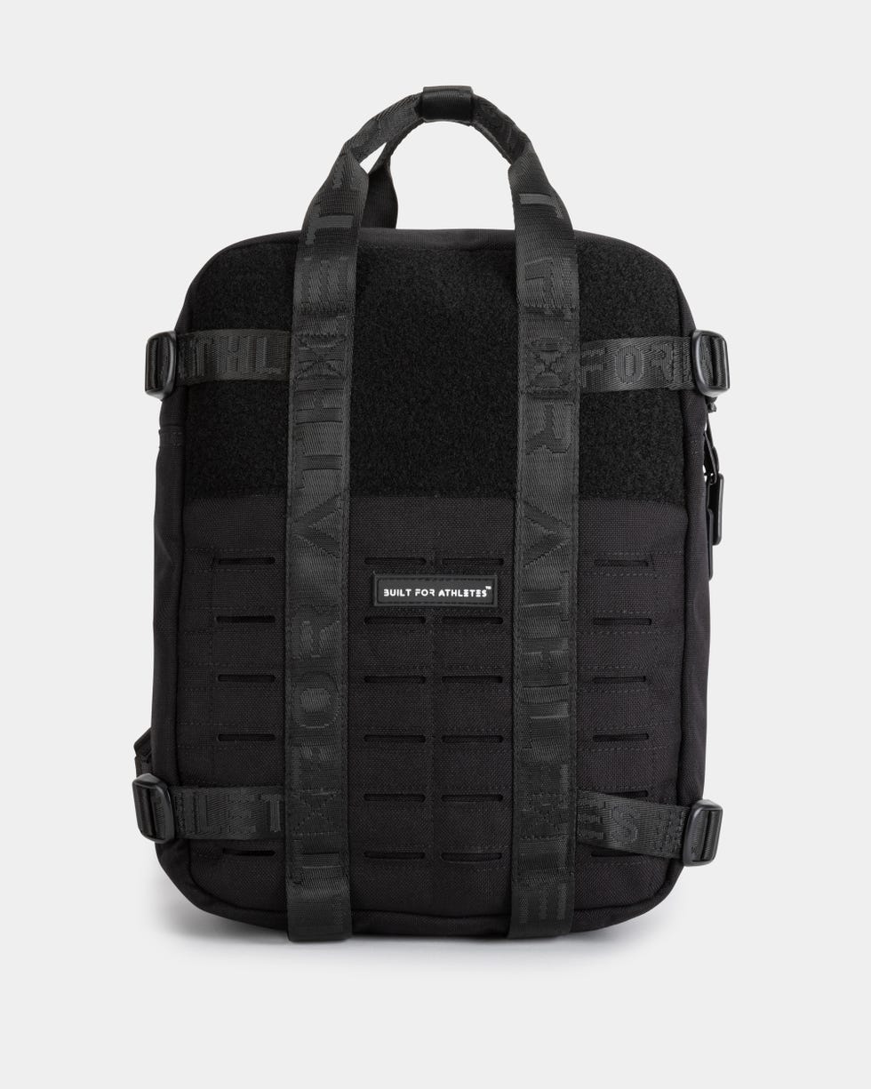 black athletic backpack with multiple straps and a sturdy design