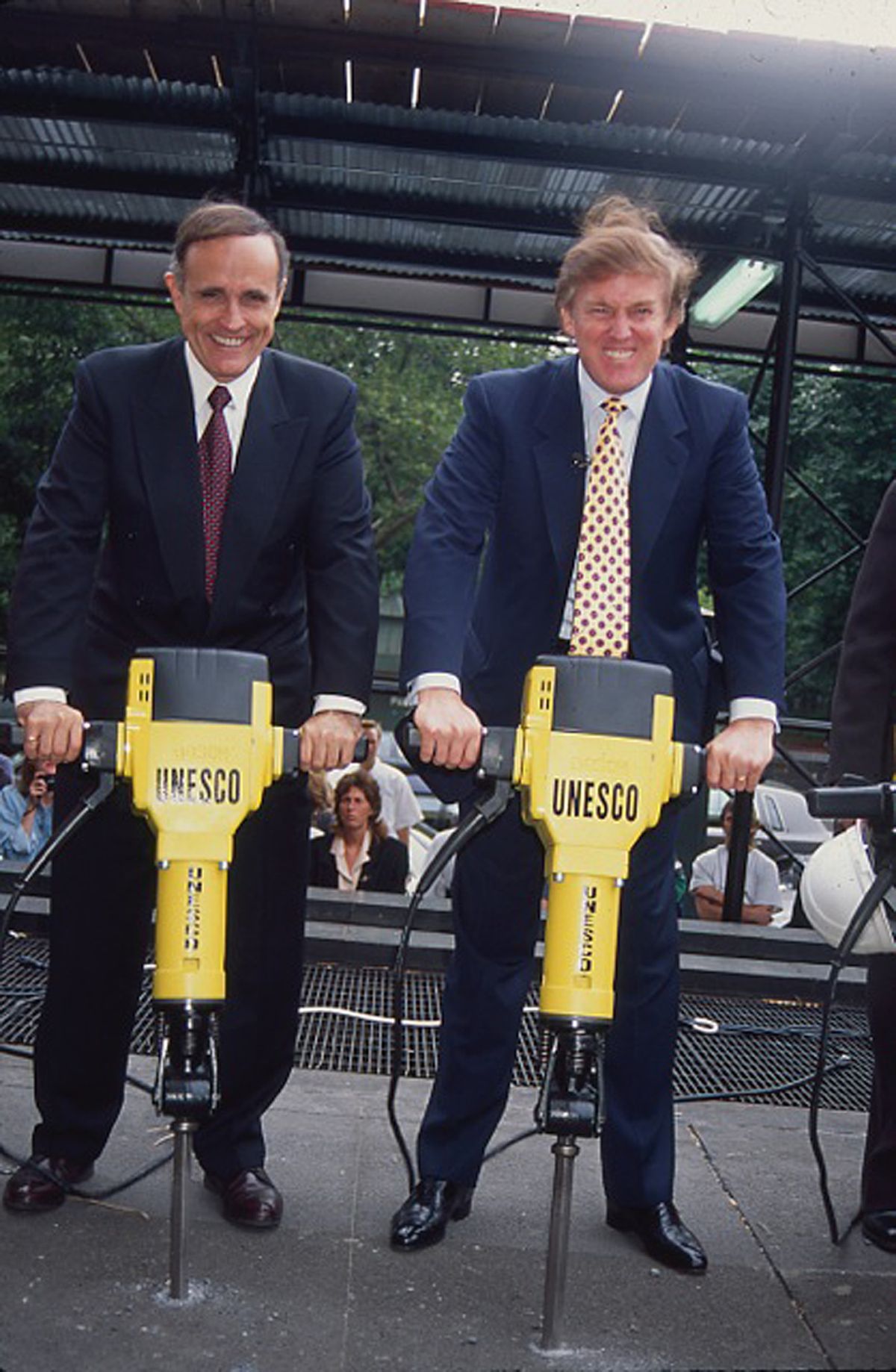 american politician and new york city mayor rudy giuliani left and real estate developer donald trump poses with jackhammers at the groundbreaking for the trump international hotel and tower construction, new york, new york, june 21, 1995 photo by rose hartmangetty images
